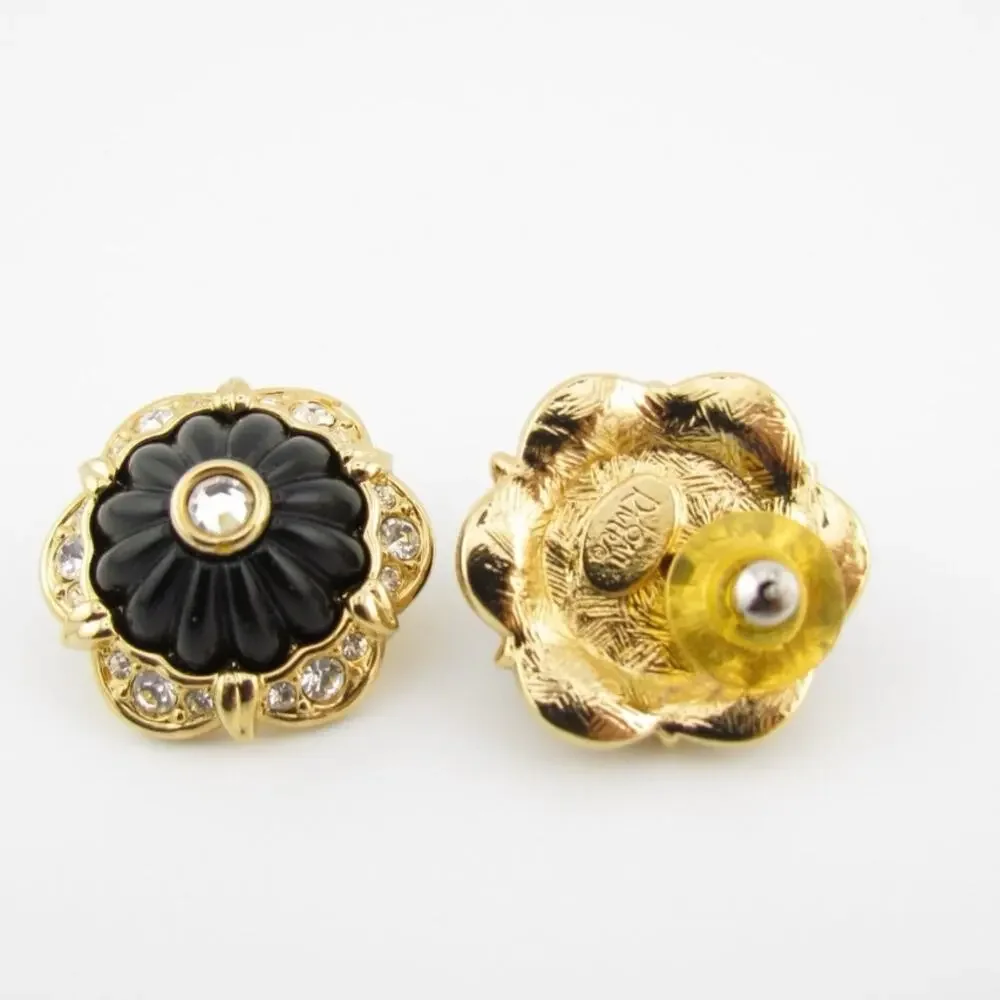 Vintage Joan Rivers Floral Earrings Gold Tone Black Enamel - Picture 4 of 8